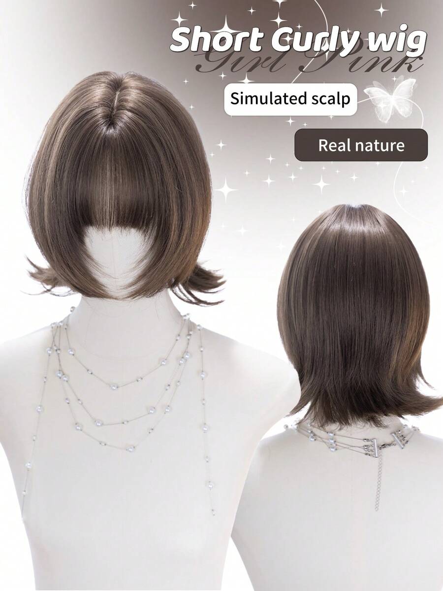 alicegarden 12 Inch Synthetic Short Wavy Wig, Natural Straight Style, Stunning Chocolate Brown, With Bangs, Suitable For Women's Daily, Party, Cosplay Use, Natural And Durable, Women's Wig Gift, Halloween - Chocolate Brown - View 1