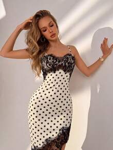Elegant Polka Dot Spaghetti Strap Midi Dress With Black Lace Accents & Asymmetric Ruffled Hem For Date Nights, Beach Vacations, Summer Going Out Party - Black and White - View 3