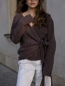 Women's Soft Loose Drop Shoulder Long Sleeve Knit Cardigan Sweater, Casual Relaxed Everyday Autumn Top - Brown - View 5