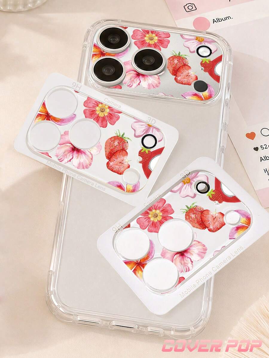 1pc Hibiscus & Strawberry Pattern Camera Lens Protector, Compatible With IPhone 17Pro/17 Pro Max; Made Of Tempered Glass, Full Coverage Design, High Definition & Clear, Anti-Scratch & Anti-Fingerprint, Compatible With Phone Cases, Easy To Install.