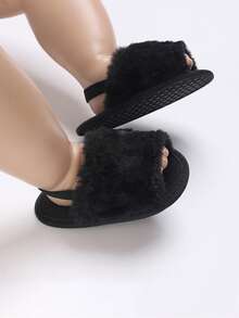 Sandal Selop Bayi Berwarna Hitam Berbahan Plush, Sandal Balita dengan Tali Tumit Elastis dan Sol Lembut Anti Selip untuk Musim Semi dan Gugur, Sepatu Rumah Dalam Ruangan - Hitam - View 6