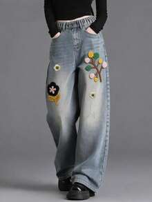 New Tween Girl Girls Towel Embroidery Straight Leg Denim Jeans, Casual Versatile Spring Autumn Jeans For Big Girls - Medium Wash - View 9