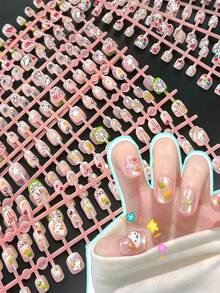 Kids Short Square Press On Nails, Summer Transparent Pink Fake Nail Tips With Cartoon Cat, Lemon Slice, Bow, Star & Fruit Print, DIY Manicure Kit For Little Girls, Party Holiday Daily Play Dress Up Nail Art Gift - Multicolor - View 3
