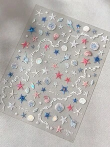 Shell Pearl Starfish Shell Nail Stickers, Minimalist Sparkling Cute Starfish Decorative Stickers, Ocean Series Colorful Shell Conch Nail Stickers, Premium Shell Pearl Starfish 3D Embossed Nail Stickers - Ocean - View 18
