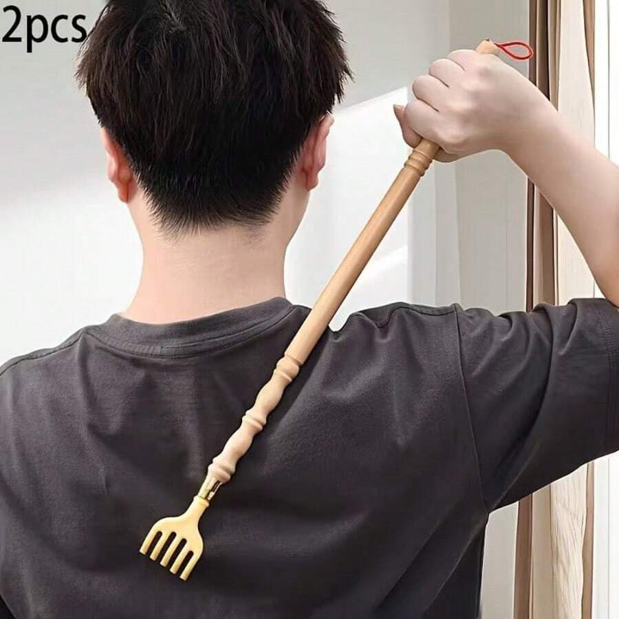 2/1件裝天然木製長柄抓癢棒，無化學成分自我按摩工具，舒適握感設計，適合長輩與成人，紅緞帶掛繩背部按摩器