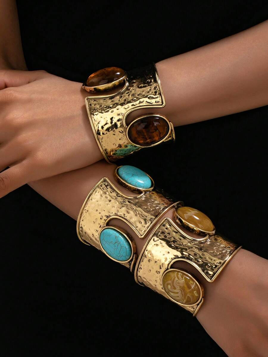 Vintage Distressed Metal Wide Cuff Bracelet, Bohemian Style With Oval Turquoise-Like Stone And Multicolor Gemstones