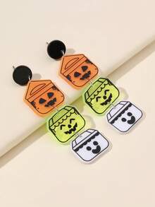 1pair Happy Cute Halloween Funny Face Pumpkin Bucket Drop Earrings For Women Girls For All Saints' Day Party Jewelry Accessories - Multicolor - View 1