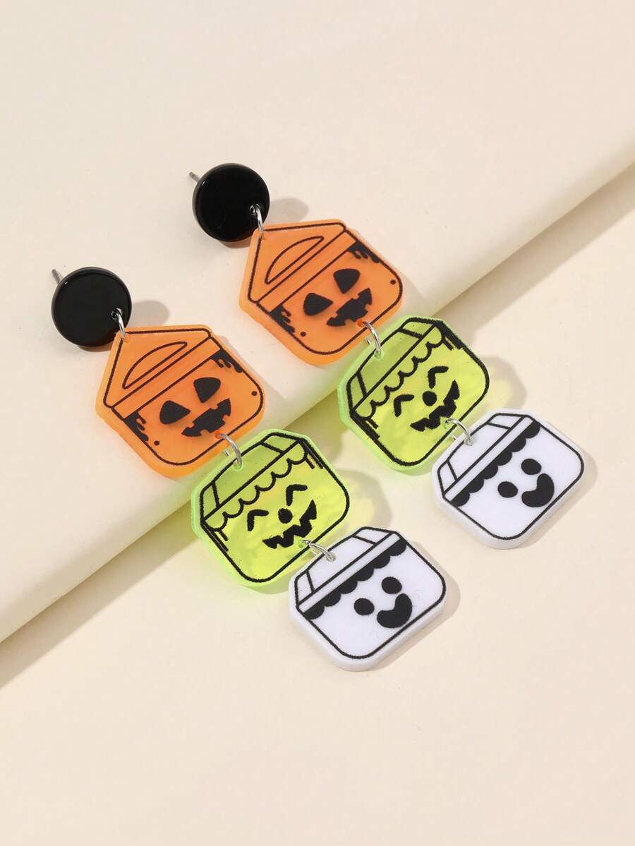1pair Happy Cute Halloween Funny Face Pumpkin Bucket Drop Earrings For Women Girls For All Saints' Day Party Jewelry Accessories - Multicolor - View 1