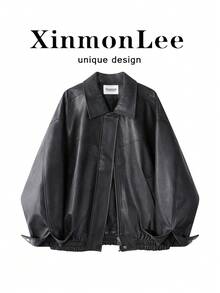 Premium Fashion Versatile Leather Jacket, Solid Color Zipper Leather Coat, College Style, Vacation, Daily Wear, Spring/Autumn - Black - View 3