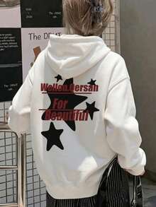 Women's Hooded Sweatshirt, New Autumn/Winter Star Pattern & Letter Print, Drawstring Design, With Pockets, Casual Versatile Loose Top, Fashionable Daily Wear - White - View 2