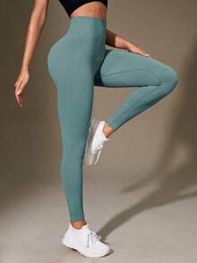 Women's Slim Fit Ribbed Leggings, High Waist Elastic Sports Pants, Autumn/Winter - Blue - View 2