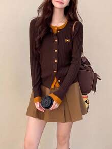 Women's Casual Cute Contrast Color 2 In 1 Knitted Cardigan Sweater Jacket, Autumn/Winter Fall - Coffee Brown - View 1