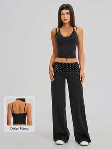 MASKERT Ladies' contrasting color back vest sports pants set yoga training running set tennis golf Pilates - 黑與白 - 查看 1