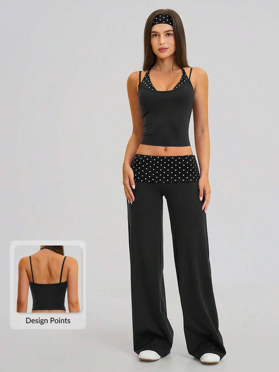 MASKERT Ladies' contrasting color back vest sports pants set yoga training running set tennis golf Pilates - 黑與白 - 查看 1