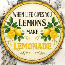1pc 2D Flat Round Aluminum Sign, Vintage Aluminum Plaque With "Lemonade" Theme, "When Life Gives You Lemons Make Lemonade" Decorative Sign, Suitable For Kitchen, Cafe, Restaurant Decor Or Gift - A - View 3