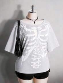 Colección verano 2026. Camiseta holgada mujer talla grande, estampado calavera y rosa gótico punk, estilo retro vanguardista. Tallas 3–7XL, apta otoño-invierno. Envío gratis 24h. - Gris - Ver 17