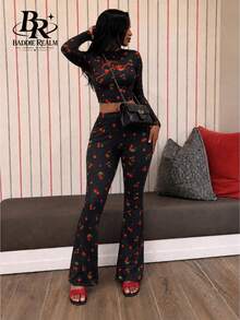 BADDIE REALM Women's 2pcs Slim Fit Cherry Print Stretch Vaction Athleisure - Multicolor - View 2
