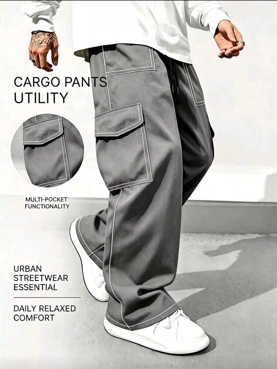Men's Loose Fit Colorblock Stitching Cargo Pants, Elastic Drawstring Waist, Multi-Pocket Wide Leg Casual Streetwear Practical Long Pants