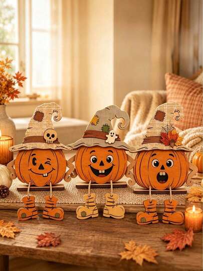 Set de 3 piezas de decoración de escritorio de calabaza de madera para Halloween y otoño, lindo letrero de calabaza de madera con sombrero de bruja, esqueleto fantasma, hoja de arce y botas desmontables, decoración de bandeja multicapa de cosecha de otoño de estilo granja, adorno rústico de Acción de Gracias para mesa de comedor interior, chimenea, repisa de ventana, decoración de fiesta de otoño para el hogar