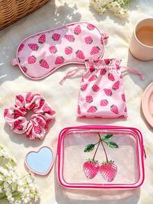 Cute Strawberry Print Travel Beauty Accessories,Eye Mask + Hair Scrunchie + Drawstring Pouch + Clear Makeup Bag + Heart Mini Mirror,Women Portable Travel Beauty Accessories Set,Beauty Products,Souvenir, For Travel,Back-To-School,Gifting,Home Use - Multicolor - View 4