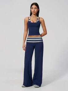 MASKERT Ladies' contrasting color back vest sports pants set yoga training running set tennis golf Pilates - 藏蓝色 - 查看 5