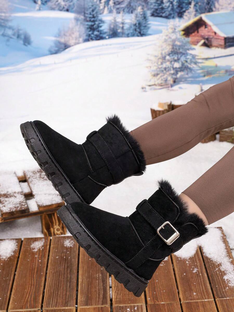 Cute Winter Style Girls Black Fleece Lined Ankle Boots Metal Buckle Round Toe Thick Sole Snow Boots Kids Shoes Suitable For Daily Outdoor Cold Weather - Black - View 1