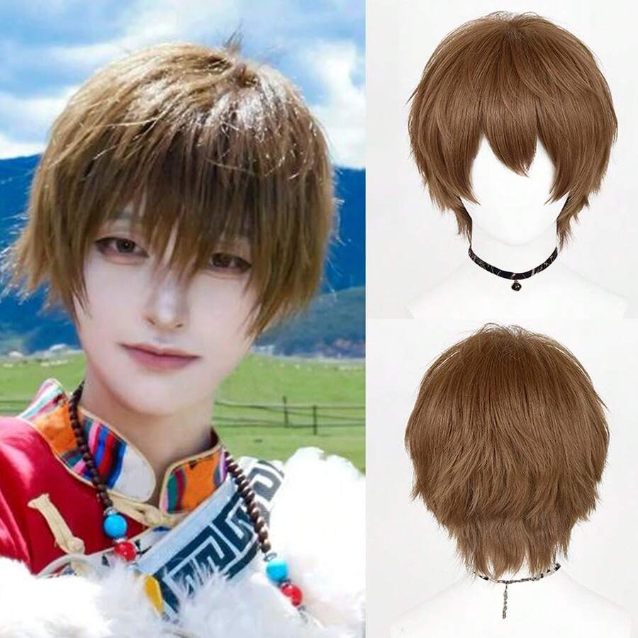 Short Straight Synthetic Wigs With Bangs Anime Game Cosplay Fluffy Daily Wig Heat Resistant For Party - Brown - View 1