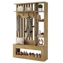 LITTLE TREE Wall Room Divider With Shelves And Coat Hooks, 5-In-1 Freestanding Partition With Bench For Entryway, Living Room, Brown - Brown - View 10