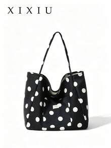 Women's Polka Dot Canvas Tote Bag, Large Capacity Shoulder Bag With Front Pocket, Casual Handbag For Daily Use - Black - View 8