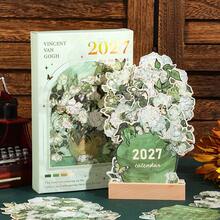 12pcs 2027 Floral Desktop Calendar, Van Gogh Oil Painting Vertical Planner, With Base And Card Slot, Home Office Decor, Ideal New Year And Birthday Gift - Single Piece - View 7