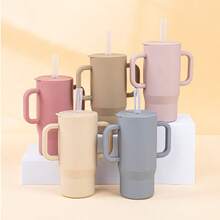 Silicone Large Capacity Straw Cup With Handle, Kids Anti-Drop Learning Cup, INS Macaron Solid Color Portable Water Cup - Multicolor - View 3
