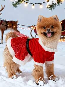 2pcs Christmas Dog Dress Set, Red Star Chiffon Pet Outfit With Bow Headband, Fluffy Warm Winter Puppy Costume With Plush Collar, Suitable For Small Dogs, Puppies, Chihuahuas, Holiday Party And Christmas Dress Up - Red - View 4