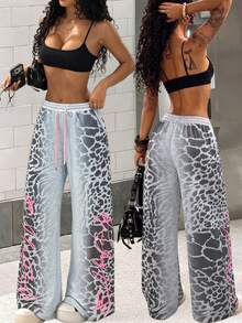 Y2K Grey Gradient Leopard Print Wide Leg Drawstring Elastic High Waist Street Style Graffiti Sweatpants For Women, Suitable For School, Spring, Autumn, Summer - Multicolor - View 4