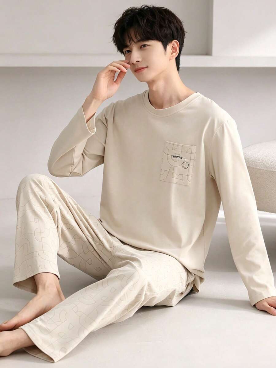 [AICJ Sleepwear]2pcs Men Casual Loose Pajama Set, Round Neck Long Sleeve Pullover Top With Pocket, Asymmetric Print Lounge Pants, Knit Fabric, Suitable For Home, Party, Travel In Spring, Autumn, Winter - 米色 - 查看 1