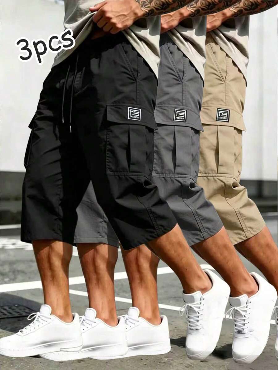 3pcs Men's Casual Cargo Shorts, Practical Pockets, Suitable For Daily Wear And Sports - Multicolor - View 1