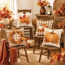 4pcs Minimalist Autumn Plaid Maple Leaf Pumpkin Berry Cushion Covers, Single-Sided Printed Peach Skin Velvet Polyester Material, 45*45/50*50CM Pillow Covers Suitable For Room Decor, Modern Minimalist Sofa Living Room Decoration, Gift Giving, Party Decoration - Multicolor - View 9