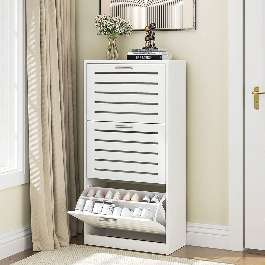 VECELO Slim 3-Tier Tilt-Out Shoe Storage Cabinet With Modern Louvered Doors And Metal Handles, Narrow Space-Saving Organizer For Entryway Hallway - 白色 - 查看 1