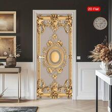 1/2pcs Fashionable 2D Flat Door Wall Decals, Featuring Exquisite Design. These Self-Adhesive And Removable Wall Murals Have Gold Edges. They Embody A Classic Style, Perfect For Modern Door Decor, And Showcase Vibrant Images - A - View 2