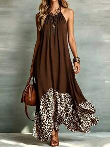 HUTENER Chiffon Patchwork Leopard Print Halter Neck Maxi Dress, Sleeveless Cold Shoulder Loose Draped Ruffle Hem, Beach Vacation Elegant Long Dress, Suitable For Island Travel, Evening Party, Photo Shoot - Brown - View 4