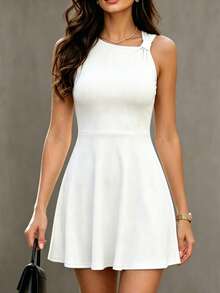 1pc Solid Color Casual Elegant Ribbed Knit Dress, Suitable For Party, Date Night, Beach White Summer - White - View 1
