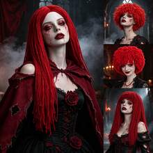 Gothic Horror Style Red Yarn Dreadlock Wigs, Multiple Short Fluffy Bob & Long Straight Afro Braided Synthetic Vampire Cosplay Wig For Halloween, Haunted House, Dark Fantasy Costume, Scary Theme Party, Holiday, Concerts, Exhibition & Daily Use - Multicolor - View 3