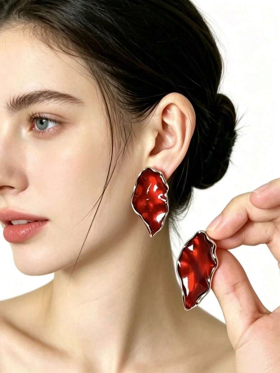 Irregular Wavy Leaf Enamel Drop Earrings, Multi-Color Vintage Metal Earrings, Luxury Daily Wear Jewelry For Women - Multicolor - View 1