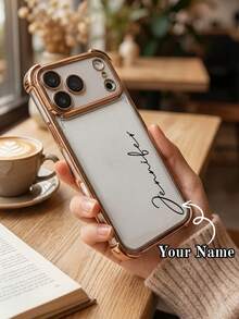 客製化姓名手機殼，相容 iPhone 17 Pro Max 17 Air，透明防震電鍍鏡頭膜相機保護，壓克力 + TPU 緩衝保護殼，相容 iPhone 17 Pro Max，適合聖誕節 - 金色 - 查看 2