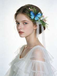 1pc Vintage Green & Blue Butterfly Pink Floral Lace Tie Flower Crown, Gentle Bohemian Forest Lawn Travel Photography Bridal Styling Wedding Accessory Headpiece - Green - View 3