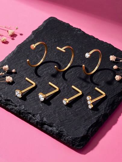 10 peças de brincos de nariz em ouro 14K preenchido 20G, brincos de nariz em aço inoxidável com CZ redondo, coração e formato em L, joias de piercing para a narina para mulher