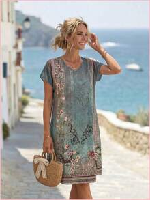Qionghai city renqianjia trading Vestido midi de manga corta para mujer, con estampado geométrico, vestido de verano bohemio para carnaval de primave - Multicolor13 - Ver 6