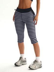 Hidkat Damen Yoga Hose Mode gestreifter Muster hohe Taille Kordelzug Sport Strick Leggings - Verschiedenfarbig - Übersicht 5