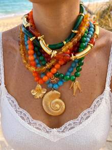 4pcs/Set Vintage French Elegant Fashion Hiphop Boho Vacation Style Bling Bling Colorful Beaded Necklace Set With Green Turquoise, Green, Wine Red, Orange, Starfish, Shell, Fish, Flower Pendants, Tassel, Y-Shaped, Choker, Suitable For Women Summer Beach Party, Dinner, Music Festival, Daily Wear, All Season Versatile Jewelry - Multicolor - View 1