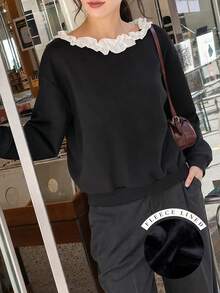 Women's Fleece Lined Ruffle Collar Sweatshirt, Ruffle Detail Long Sleeve Regular Pullover, Suitable For Casual Wear - Black - View 4
