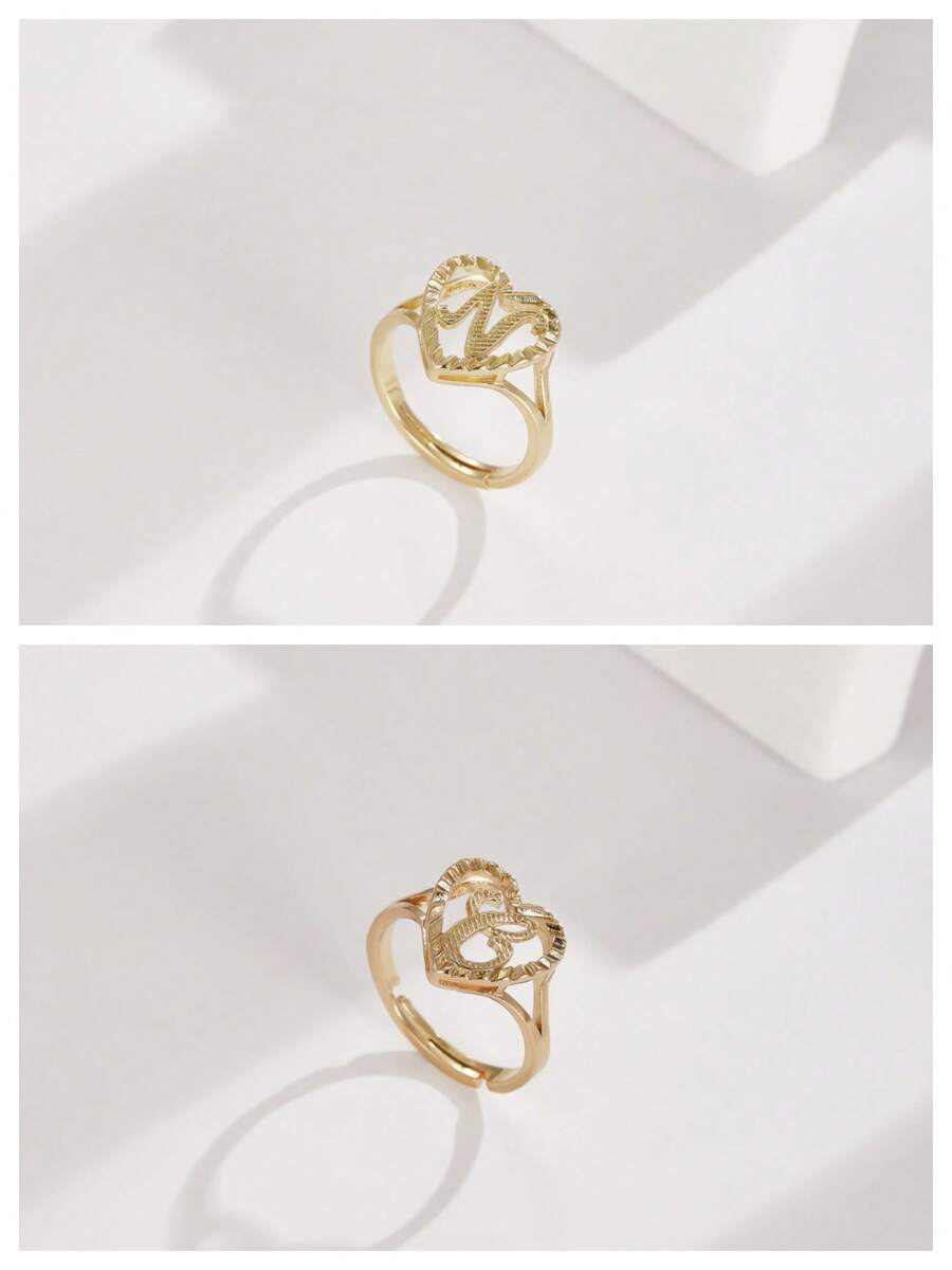 2pcs Hollow Heart Letter Rings, American Luxury Style Adjustable Versatile Stackable Accessories, Couple/BFF Matching Finger Rings